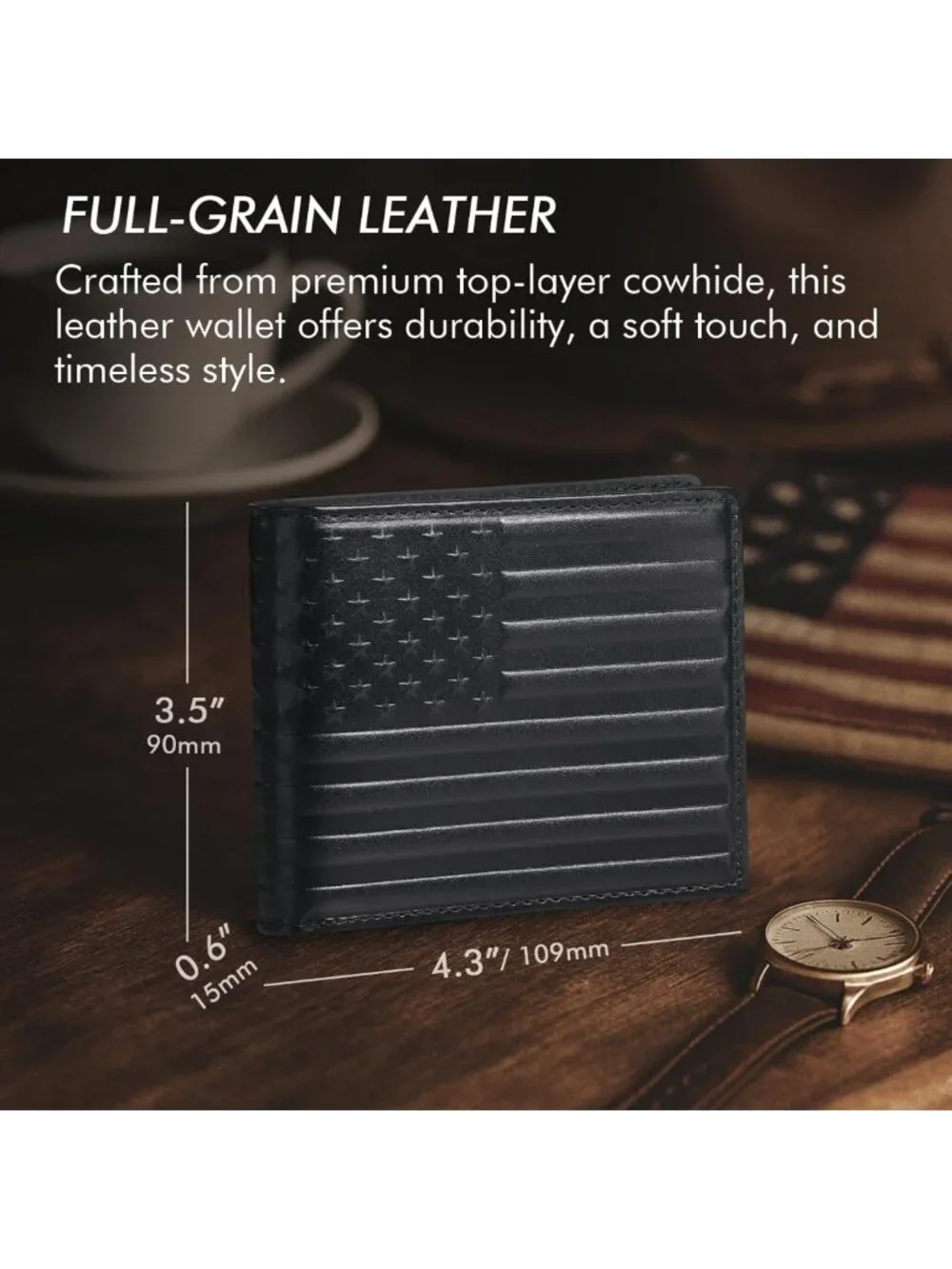 Men's Full Grain Leather Bifold Wallet, RFID Blocking, 2 ID Windows, 13 Card